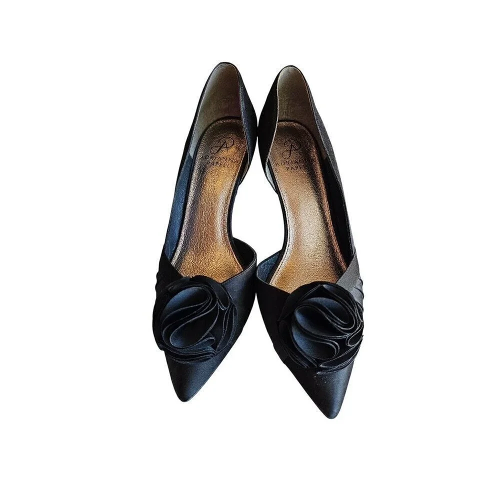 Black Satin Peep Toe Heels With Rosette Detail 3.5